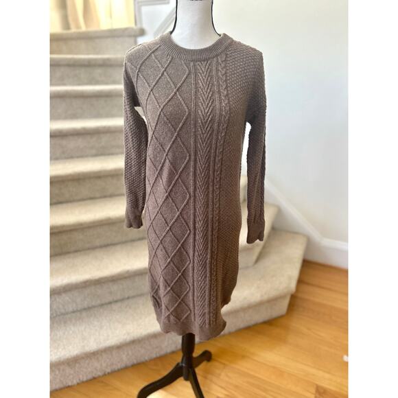Saks Fifth Ave Brown Cableknit Wool Cashmere Blend Long Sleeve Sweater Dress - Picture 1 of 6